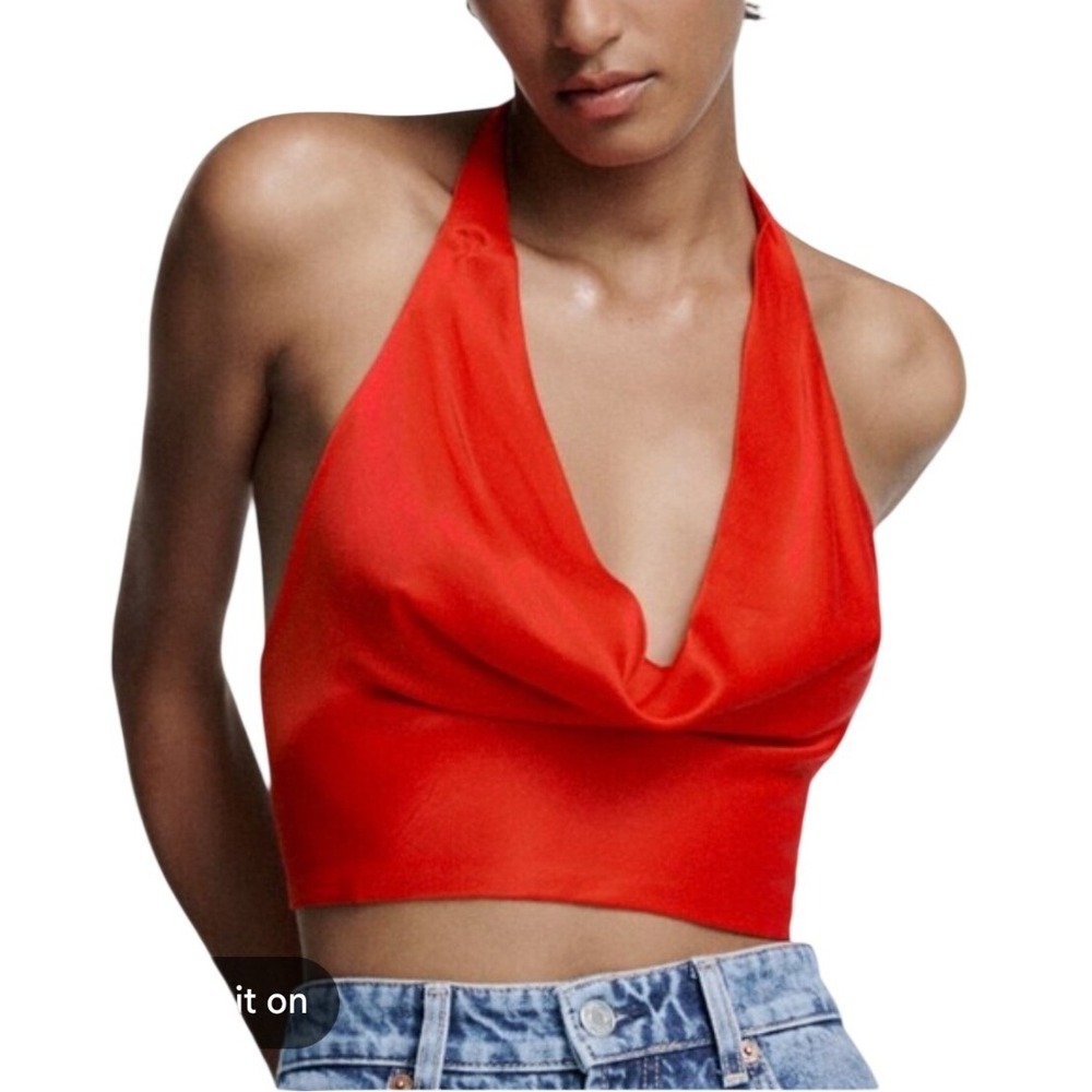 Zara Red Satin Cowl Neck Cropped Halter Top XS Open Back Indie‎ Sexy Concert